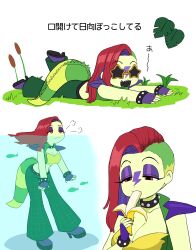  absurdres banana breasts choker cleavage colored_skin commentary_request crocodile_girl crocodilian_tail crop_top eating female five_nights_at_freddy&#039;s five_nights_at_freddy&#039;s:_security_breach food fruit genderswap_(mtf) grass green_skin highres humanization large_breasts long_hair lying midriff minami_(mnm-kyk) montgomery_gator multiple_views on_stomach pants red_hair reptile_girl rule_63 sexually_suggestive standing tail translation_request water 