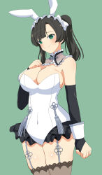  absurdres animal_ears arm_at_side assault_lily bare_shoulders black_hair blunt_bangs blush bow breasts brown_thighhighs cleavage closed_mouth commentary_request covered_navel cowboy_shot detached_collar detached_sleeves fake_animal_ears female flower_knot frilled_hairband frills garter_straps green_background green_eyes hairband hairbow hand_on_own_chest hand_up high_ponytail highres large_breasts leotard long_sleeves looking_at_viewer medium_hair official_alternate_costume official_alternate_hairstyle playboy_bunny ponytail rabbit_ears raised_eyebrows see-through senri_(senri03151221) simple_background sleeves_past_wrists solo standing strapless strapless_leotard tassel thighhighs wang_yujia wavy_mouth white_bow white_hairband white_leotard wrist_cuffs 