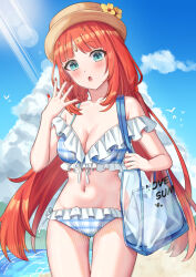  :o alternate_costume aqua_eyes bag bare_shoulders beach bikini blue_bikini blue_panties blue_sky blush breasts cleavage cloud commentary_request cowboy_shot day female fingernails frilled_bikini frills genshin_impact hand_up hat highres long_hair looking_at_viewer medium_breasts mikoto_(0709mikoto) nail_polish navel nilou_(genshin_impact) outdoors panties parted_bangs red_hair red_nails shoulder_bag simple_bird sky solo stomach sunlight swimsuit underwear very_long_hair white_bikini white_panties 