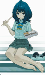  absurdres ahoge barefoot bento black_socks blue_bow blue_eyes blue_hair bow chopsticks closed_mouth commentary_request eating female full_body grey_skirt highres holding holding_bento holding_chopsticks jitome looking_at_viewer make_heroine_ga_oo_sugiru! medium_hair miniskirt pleated_skirt shirt shoes short_sleeves sitting sitting_on_stairs skirt socks solo songchuan_li stairs summer_uniform thighs toes unworn_shoes unworn_socks white_footwear white_shirt yanami_anna yellow_bow 