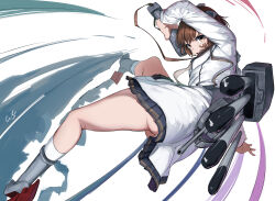  absurdres adapted_turret ascot ass binoculars black_sailor_collar brown_eyes brown_hair cannon dress female gegesan grey_ascot grey_neckerchief grey_necktie headgear highres kantai_collection long_sleeves machinery neckerchief necktie rigging rudder_footwear sailor_collar sailor_dress short_hair signature solo speaking_tube_headset torpedo_launcher white_background white_dress yukikaze_(kancolle) yukikaze_kai_ni_(kancolle) 