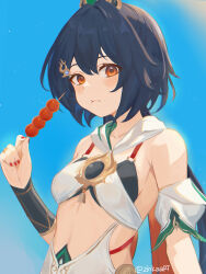  :t absurdres bare_shoulders blue_background blue_hair breasts commentary detached_sleeves female hand_up highres honkai:_star_rail honkai_(series) long_hair looking_at_viewer midriff nail_polish orange_eyes red_nails short_sleeves small_breasts solo stomach symbol-only_commentary upper_body very_long_hair yunli_(honkai:_star_rail) zinkaa 