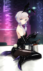  absurdres alcohol animal_ears ass boots breasts buckle cup drinking_glass elbow_gloves fake_animal_ears fake_tail female full_body gloves grey_eyes high_heel_boots high_heels highres leotard looking_at_viewer nashi_(tw_nasi) pantyhose playboy_bunny purple_hair rabbit_ears rabbit_tail shiny_clothes short_hair_with_long_locks shot_glass sitting small_breasts smile solo strapless strapless_leotard tail thigh_boots voiceroid wariza whiskey yuzuki_yukari 