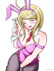  :d absurdres ahoge akamatsu_kaede animal_ears aruke_(gter7727) bare_shoulders blonde_hair blush breasts cleavage danganronpa_(series) danganronpa_v3:_killing_harmony fake_animal_ears female fishnet_pantyhose fishnets hair_ornament hand_up highres holding holding_key key large_breasts long_hair musical_note musical_note_hair_ornament necktie official_alternate_costume pantyhose rabbit_ears red_necktie short_necktie smile 