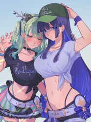  2girls absurdres antlers belly belt black_choker black_skirt blue_eyes blue_hair blue_shirt blush breasts cat_hair_ornament ceres_fauna choker clothes_writing commentary earrings flower green_hair hair_flower hair_ornament hat highres hololive hololive_english hololive_summer_2023_swimsuit horns jewelry kokomi_(aniesuakkaman) long_hair looking_at_breasts looking_at_viewer man_i_love_fishing_(meme) meme multicolored_hair multiple_girls nail_polish navel official_alternate_costume ouro_kronii ribbon shirt short_sleeves simple_background skirt stomach tied_shirt twintails virtual_youtuber wristband yellow_eyes yuri 