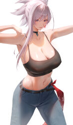  absurdres belt black_belt black_choker blue_eyes blue_pants breasts choker cleavage collarbone denim earrings fate/grand_order fate_(series) female grey_hair highres jeans jewelry large_breasts long_hair looking_at_viewer miyamoto_musashi_(fate) pants rororo simple_background single_sidelock solo standing white_background 