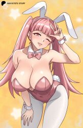  animal_ears artist_name ass_visible_through_thighs bare_shoulders blunt_bangs blush bow bowtie breasts cleavage collar collarbone commentary covered_navel detached_collar female fire_emblem fire_emblem:_three_houses hairband hand_on_own_thigh hayato_stuff highres hilda_valentine_goneril large_breasts leaning_forward leotard long_hair looking_at_viewer one_eye_closed open_mouth pantyhose patreon_username pink_bow pink_bowtie pink_eyes pink_hair pink_leotard playboy_bunny rabbit_ears rabbit_tail smile solo starry_background strapless strapless_leotard tail teeth twintails upper_teeth_only w white_collar white_hairband white_pantyhose white_tail white_wrist_cuffs wrist_cuffs yellow_background 