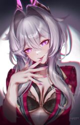  :p artist_name black_bra black_horns bra breasts bright_pupils chromatic_aberration cleavage commentary drop_shadow female film_grain grey_hair hair_between_eyes hair_intakes hand_up head_tilt highres honkai_(series) honkai_impact_3rd horns jacket large_breasts licking licking_finger light_blush long_hair looking_at_viewer nail_polish nyeppu official_alternate_costume purple_eyes purple_nails red_jacket revision smile solo thelema_nutriscu tongue tongue_out underwear upper_body white_background white_pupils 