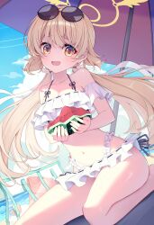  absurdres ajeu914 beach_umbrella bikini blue_archive eyewear_on_head food frilled_bikini frills fruit halo hifumi_(blue_archive) hifumi_(swimsuit)_(blue_archive) highres holding holding_food holding_fruit light_brown_hair long_hair low_twintails off-shoulder_bikini off_shoulder official_alternate_costume ribbon-trimmed_bikini ribbon-trimmed_swimsuit ribbon_trim round_eyewear seiza side-tie_bikini_bottom sitting sunglasses swimsuit twintails umbrella watermelon white_bikini wing_hair_ornament winged_halo yellow_halo 