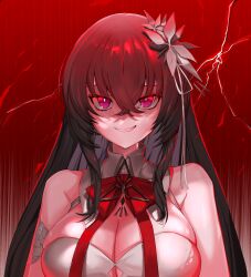  bare_shoulders black_hair bow bowtie breasts cleavage colored_inner_hair commentary counter:side cracked_background crossed_bangs diamond_cutout female grey_hair grin hair_between_eyes hair_ornament hair_ribbon halterneck highres large_breasts long_hair looking_at_viewer multicolored_hair purple_eyes red_background red_bow red_bowtie red_light ribbon shaded_face sidelocks skindentation smile smirk solo straight-on tammiel_(counter:side) upper_body white_ribbon yaegum2001 