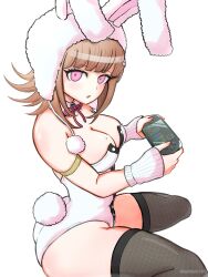  animal_ears animal_hood aruke_(gter7727) black_thighhighs breasts cleavage danganronpa_(series) danganronpa_2:_goodbye_despair fake_animal_ears female fishnet_thighhighs fishnets galaga handheld_game_console highres holding holding_handheld_game_console hood large_breasts leotard medium_hair mole mole_on_breast nanami_chiaki pink_eyes playboy_bunny rabbit_ears rabbit_hood strapless strapless_leotard thighhighs white_leotard 