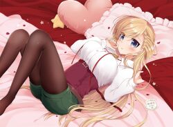  araragi_ayune belt blonde_hair blue_eyes blush bolo_tie braid breasts brown_belt collared_shirt commentary_request corset female frilled_pillow frills green_shorts heart heart-shaped_pillow highres isshiki-san_wa_koi_wo_shiritai. knees_up large_breasts long_hair long_sleeves lying on_back pantyhose pantyhose_under_shorts parted_lips pillow red_corset rinna_milford sheet_grab shirt shorts solo swept_bangs white_shirt 