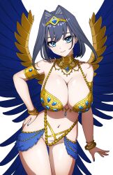  absurdres blue_eyes blue_hair breasts cleavage closed_mouth daydarion feathers female gold_jewelry hair_intakes highres hololive hololive_english jewelry large_breasts looking_at_viewer makeup ouro_kronii revealing_clothes short_hair simple_background smile solo virtual_youtuber white_background 