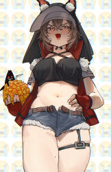  absurdres animal_ear_fluff animal_ears arknights belt black_shirt blush brown_belt brown_hair caper_(arknights) collared_jacket commentary cowboy_shot crop_top cropped_shirt crying_emoji denim denim_shorts drink drinking_straw emoji english_commentary female fingerless_gloves from_below gloves grey_shorts hair_between_eyes hand_on_own_stomach head_scarf high_collar highres holding holding_drink jacket meme mesugaki micro_shorts mole mole_on_thigh navel oerba_yun_fang open_clothes open_fly open_jacket open_mouth orange_eyes prouxtato red_gloves red_jacket shirt short_hair short_sleeves shorts skindentation solo standing stomach thigh_strap uohhhhhhhhh!_(meme) 