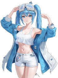  absurdres arahashi_tabi armpits arms_up bare_shoulders blue_eyes blue_hair blue_jacket breasts cleavage collarbone cowboy_shot crop_top crop_top_overhang eruthu female goggles goggles_on_head highres jacket layered_clothes long_hair long_sleeves looking_at_viewer medium_breasts midriff multicolored_clothes multicolored_jacket navel off_shoulder open_clothes open_jacket parted_lips pungdangi_(arahashi_tabi) shirt short_shorts shorts sidelocks simple_background sleeveless sleeveless_shirt solo standing stellive stomach thighs twintails two-tone_jacket virtual_youtuber white_background white_jacket white_shirt white_shorts 