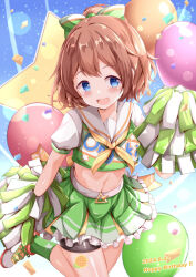  :d balloon bike_shorts black_shorts blue_eyes blush bow brown_hair cheerleader commentary_request crop_top dated female frilled_skirt frills green_bow green_skirt green_socks hairbow happy_birthday highres hinata_chinatsu looking_at_viewer midriff navel neckerchief ongeki pleated_skirt pom_pom_(cheerleading) ponytail puffy_short_sleeves puffy_sleeves shoes short_sleeves shorts shorts_under_skirt skirt smile socks solo star_(symbol) white_footwear xenon_(for_achieve) yellow_neckerchief 