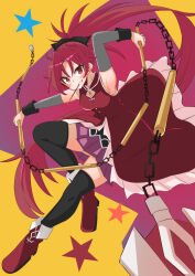  armpits black_bow black_thighhighs blush boots bow breasts chain_weapon commentary_request detached_sleeves dress female food food_in_mouth full_body gem grey_sleeves grin hair_between_eyes hairbow high-low_skirt knee_up long_hair looking_at_viewer magical_girl mahou_shoujo_madoka_magica mahou_shoujo_madoka_magica_(anime) medium_breasts pink_skirt pleated_skirt pocky pocky_in_mouth polearm ponytail purple_background red_dress red_eyes red_footwear red_gemstone red_hair sakura_kyoko sakura_kyoko_(magical_girl) simple_background skindentation skirt sleeveless sleeveless_dress smile solo soul_gem spear star_(symbol) thighhighs two-tone_background urei-hibino very_long_hair weapon yellow_background zettai_ryouiki 