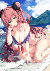  35p_(sakura_miko) absurdres alternate_costume alternate_hair_length alternate_hairstyle beach bikini black_bikini black_scrunchie blue_sailor_collar blue_sky blush breasts cleavage closed_eyes closed_mouth cloud cloudy_sky collarbone commentary day double_bun feline female fingernails frilled_bikini frills hair_between_eyes hair_bun hair_ornament hair_scrunchie hand_on_own_cheek hand_on_own_face highres hololive huge_breasts kneeling lens_flare lifebuoy long_hair looking_at_viewer mountain navel neckerchief ocean oerba_yun_fang outdoors pink_hair red_neckerchief sailor_collar sakura_miko sand scrunchie side-tie_bikini_bottom skin_fang sky sleeves_past_wrists smile solo stomach strap_slip swim_ring swimsuit thighs virtual_youtuber water zelitto 