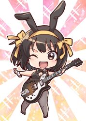  animal_ears black_bow black_bowtie black_footwear black_leotard black_pantyhose bow bowtie breasts brown_eyes brown_hair chibi chibi_only cleavage detached_collar fake_animal_ears female god_knows... guitar hair_ribbon highres holding holding_guitar holding_instrument holding_plectrum instrument leotard looking_at_viewer official_alternate_costume one_eye_closed open_mouth pantyhose playboy_bunny plectrum rabbit_ears ribbon scene_reference short_hair solo standing strapless strapless_leotard suzumiya_haruhi suzumiya_haruhi_no_yuuutsu taiki_(6240taiki) teeth upper_teeth_only white_wrist_cuffs wrist_cuffs yellow_ribbon 