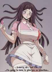  alternate_breast_size apron bandaged_arm bandaged_leg bandages black_hair blue_skirt blush breasts closed_mouth danganronpa_(series) danganronpa_2:_goodbye_despair dezmi female grey_background highres holding holding_syringe huge_breasts long_hair miniskirt mole mole_under_eye pink_shirt pleated_skirt puffy_short_sleeves puffy_sleeves shirt short_sleeves simple_background skirt solo syringe tsumiki_mikan two-tone_shirt white_apron 