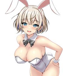  animal_ears bare_legs bare_shoulders blonde_hair blue_eyes blush breasts bunny_day covered_navel fake_animal_ears fake_tail female gloire_(kancolle) highleg highleg_leotard highres kantai_collection large_breasts leotard looking_at_viewer mole mole_on_neck montemasa playboy_bunny rabbit_ears short_hair smile solo strapless strapless_leotard tail white_background white_leotard 