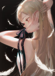  andi_1021 black_background black_ribbon blonde_hair blush covered_mouth dress eyelashes falling_feathers feathers female fingernails from_behind hands_in_own_hair kiss-shot_acerola-orion_heart-under-blade kizumonogatari long_fingernails long_hair monogatari_(series) oshino_shinobu pointy_ears profile ribbon simple_background solo strap_slip turning_head upper_body very_long_hair white_dress wrist_ribbon yellow_eyes 