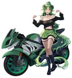  absurdly_long_hair absurdres animal_ears arm_up bare_shoulders belt bike_shorts black_choker black_footwear black_shirt black_shorts boots breasts choker closed_mouth collarbone crop_top crop_top_overhang eruthu female fishnet_thighhighs fishnets full_body green_eyes green_hair green_skirt highres horns knee_boots large_breasts long_hair long_sleeves looking_at_viewer luvdia midriff miniskirt motor_vehicle motorcycle navel off-shoulder_shirt off_shoulder pleated_skirt puffy_long_sleeves puffy_sleeves sheep_ears sheep_horns shirt shorts shorts_under_skirt simple_background skirt smile solo standing stomach thighhighs tongue tongue_out v-shaped_eyebrows very_long_hair virtual_youtuber white_background yang_mei 