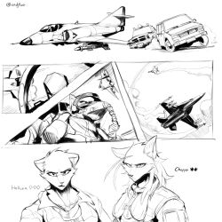  1:1 aircraft airplane anthro car chopper_(hunglee) duo endjfcar female hellena_(endjfcar) hi_res jet male monochrome vehicle 