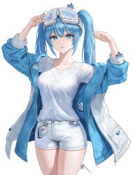  absurdres arahashi_tabi arms_up blue_eyes blue_hair blue_jacket breasts collarbone cowboy_shot eruthu female goggles goggles_on_head highres jacket layered_clothes long_hair long_sleeves looking_at_viewer medium_breasts multicolored_clothes multicolored_jacket off_shoulder open_clothes open_jacket parted_lips pungdangi_(arahashi_tabi) shirt short_shorts shorts sidelocks simple_background solo standing stellive thighs twintails two-tone_jacket virtual_youtuber white_background white_jacket white_shirt white_shorts 