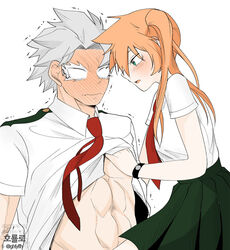  1boy 1boy1girl 1girls abs blush cute embarrassed female green_eyes heavy_blush hetero horyollo innocent itsuka_kendou kendou_itsuka male male/female muscular_male my_hero_academia orange_hair school_uniform schoolboy schoolgirl shaking silver_hair straight sweet tetsutetsu_tetsutetsu touching trembling u.a._school_uniform undressing undressing_another wholesome 