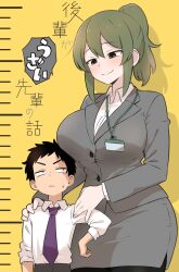 1boy age_difference aged_down alternate_breast_size_(larger) amogan black_hair blush breast_press breast_rest breasts commentary_request female green_eyes green_hair height_switch highres huge_breasts igarashi_futaba mature_female medium_hair office_lady onee-shota pantyhose ponytail role_reversal salaryman senpai_ga_uzai_kouhai_no_hanashi shirt short_hair short_male shorter_than_canon simple_background size_difference takeda_harumi tall_female taller_female_shorter_male taller_than_canon thick_eyebrows translation_request wide_hips 