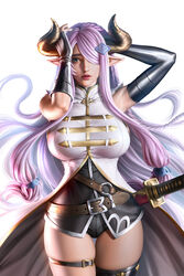  asymmetrical_legwear blue_eyes cloud.d gloves granblue_fantasy hands_on_head horns large_breasts lips narmaya_(granblue_fantasy) pointy_ears purple_hair realistic short_shorts sword thighs very_long_hair 