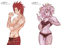  1boy 1boy1girl 1girls aged_up belly_piercing black_sclera bra_lift breasts cleavage eijirou_kirishima face_tattoo female horns kirimina male male/female mina_ashido muscular muscular_male my_hero_academia piercing pink_hair pink_skin posing purple_skin red_eyes red_hair shirt_lift slim_waist spiky_hair tattoo the_naughty_gemini toned topless underboob underwear yellow_eyes 