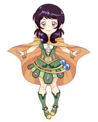  akiglancy avanna black_hair blue_eyes body_blush bracelet branch cable cape chibi clover commentary_request female freckles full_body highres jewelry no_nose official_art pigeon-toed skirt smile solo transparent_background vocaloid 