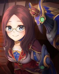  armor bird blue_eyes blush breasts brown_hair choker fate/grand_order fate_(series) female glasses jacket jewelry leonardo_da_vinci_(fate/grand_order) long_hair skirt smile 