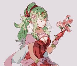  aged_up breasts cape circlet cleavage closed_eyes dress female fire_emblem fire_emblem:_mystery_of_the_emblem fire_emblem_awakening flower gloves green_eyes green_hair hair_ornament long_hair pink_dress pink_legwear pointy_ears ponytail rheamii short_dress simple_background solo tiara tiki_(adult)_(fire_emblem) tiki_(fire_emblem) 