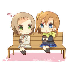  2girls :o bench black_socks blue_eyes blush bow brown_hair c: chibi commentary_request green_eyes hairbow heart kira_tsubasa kneehighs kosaka_honoka love_live! love_live!_school_idol_project lowres multiple_girls necktie one_side_up otonokizaka_school_uniform park_bench scarf school_uniform shiroi_hakuto short_hair simple_background sitting skirt smile socks twitter_username utx_school_uniform white_background 