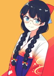  bespectacled black_hair blue_eyes blush bow braid closed_mouth commentary_request female glasses gradient_clothes hair_ornament hair_over_shoulder hairbow hairclip hakama hakama_short_skirt hakama_skirt japanese_clothes kimono long_hair long_sleeves looking_at_viewer nijisanji orange-framed_eyewear print_kimono red_background red_bow round_eyewear simple_background skirt smile solo star_(symbol) star_hair_ornament tsukino_mito tsukino_mito_(4th_costume) twin_braids two-tone_background upper_body virtual_youtuber wide_sleeves yagara_(kishimen_f) yellow_background 