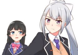  2girls black_hair blazer blue_eyes braid cardigan commentary_request french_braid grey_hair hair_ornament hairclip higuchi_kaede higuchi_kaede_(1st_costume) jacket looking_at_another looking_away mole mole_under_eye multiple_girls nijisanji open_mouth ponytail purple_eyes school_uniform tsukino_mito tsukino_mito_(1st_costume) virtual_youtuber white_background yagara_(kishimen_f) 