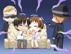  3boys brown_hair chibi couch game_cg hat kamikihara_motofumi multiple_boys narumi_suzune solo tojita_sekai_no_tori_colony weapon 