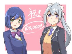  2girls blazer blue_hair bow bowtie cardigan commentary_request congratulations grey_hair highres higuchi_kaede jacket looking_at_viewer mole mole_under_eye multiple_girls necktie nijisanji pink_background ponytail purple_eyes school_uniform shizuka_rin short_hair smile virtual_youtuber yagara_(kishimen_f) yellow_eyes 