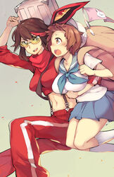  2girls :d backpack bag blush breasts brown_eyes brown_hair commentary epaulettes ge-b highres kill_la_kill large_breasts looking_at_viewer mankanshoku_mako matoi_ryuuko midriff multicolored_hair multiple_girls open_mouth red_hair scarf school_uniform senketsu senketsu_(scarf) serafuku short_hair simple_background smile streaked_hair suspenders track_suit two-tone_hair white_legwear 