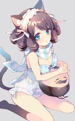  1boy :o animal_ears arisugawa_maple babydoll bad_id bad_pixiv_id black_hair blue_eyes blue_nails blue_panties blush bow bow_bra bra breasts cat_ears cat_girl cat_tail curly_hair cyan_(show_by_rock!!) eyebrows female frills from_above grey_background hair_ribbon hairband kneehighs large_breasts looking_at_viewer mayachi_(amuriya) nail_polish panties ribbon ringlets scarf see-through show_by_rock!! side-tie_panties simple_background sitting socks striped_clothes striped_scarf tail underwear underwear_only 