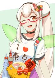  commentary_request elf elu_(nijisanji) fairy_wings female flower food glasses hair_flower hair_ornament i_heart... lantern nijisanji one_eye_closed open_mouth orange_eyes pointy_ears side_ponytail smile sushi tokyo_tower translucent virtual_youtuber white_hair wings yagara_(kishimen_f) 