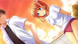  blue_eyes brown_hair female game_cg gym_uniform narumi_suzune shijo_yuki short_hair tojita_sekai_no_tori_colony uniform 