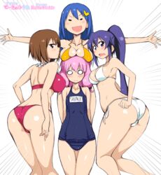  4girls :d alpaca_hair_ornament ass back bandou_marimo bikini blue_hair blush breast_rest breasts breasts_on_head brown_eyes brown_hair commentary_request emphasis_lines girl_sandwich hair_ornament kagami_uekusa large_breasts long_hair multiple_girls name_tag o_o one-piece_swimsuit open_mouth oshimoto_yuri pink_hair ponytail purple_hair release_date romaji_text sandwiched school_swimsuit shinjou_kanae_(teekyuu) short_hair side-tie_bikini_bottom smile swimsuit takamiya_nasuno teekyuu 