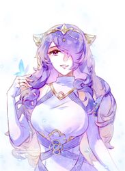  camilla_(adrift)_(fire_emblem) camilla_(fire_emblem) commentary_request dress female fire_emblem fire_emblem_fates fire_emblem_heroes hair_over_one_eye highres liefe long_hair looking_at_viewer purple_eyes purple_hair simple_background solo tiara very_long_hair wavy_hair 