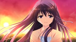  arihara_nodoka female game_cg narumi_suzune purple_eyes purple_hair sunset tojita_sekai_no_tori_colony 