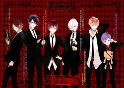  6+boys absurdres blonde_hair brown_hair choker diabolik_lovers flower glasses green_eyes happy highres incredibly_absurdres multiple_boys one_eye_closed purple_hair red_eyes sakamaki_ayato sakamaki_kanato sakamaki_laito sakamaki_reiji sakamaki_shuu sakamaki_subaru satoi short_hair smile teddy_(diabolik_lovers) white_hair 