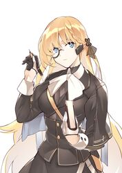  absurdres ammunition_pouch black_capelet black_jacket black_ribbon blonde_hair blue_eyes book bow bowtie braid breasts brown_shirt buttons capelet closed_mouth commentary cz52_(girls&#039;_frontline) expressionless female french_braid girls&#039;_frontline gloves hair_ornament hair_ribbon half_gloves head_tilt headset highres holding holding_book holding_pen inxst jacket kerchief large_breasts long_hair monocle nib_pen_(object) pen pouch ribbon shirt sidelocks simple_background skirt sleeves_rolled_up solo strap very_long_hair white_background white_bow white_bowtie 